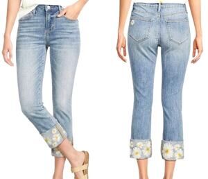 Driftwood Womens Colette Stretch Embroidered Daisy Cuffed Straight Jeans Size 8